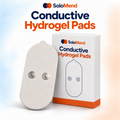 SoloMend Conductive Hydrogel Pads: one replacement pad with its two snap studs, beside the box