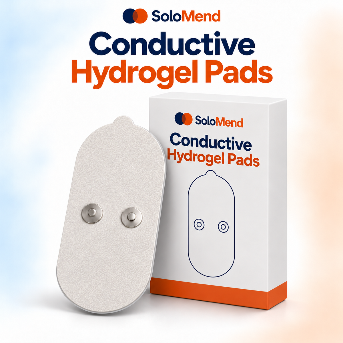 SoloMend Conductive Hydrogel Pads: one replacement pad with its two snap studs, beside the box
