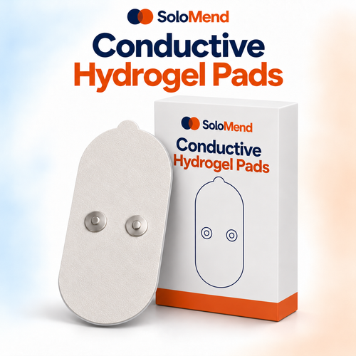 SoloMend Conductive Hydrogel Pads: one replacement pad with its two snap studs, beside the box