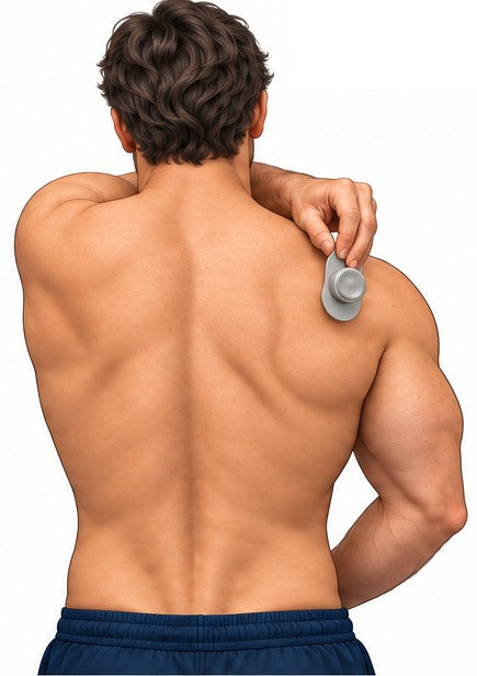Reach over: hand over the opposite shoulder placing the upper pad just below the ridge of the shoulder blade