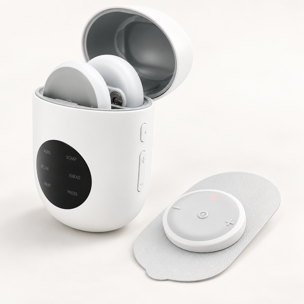 SoloMend charging case open with both wireless pods inside