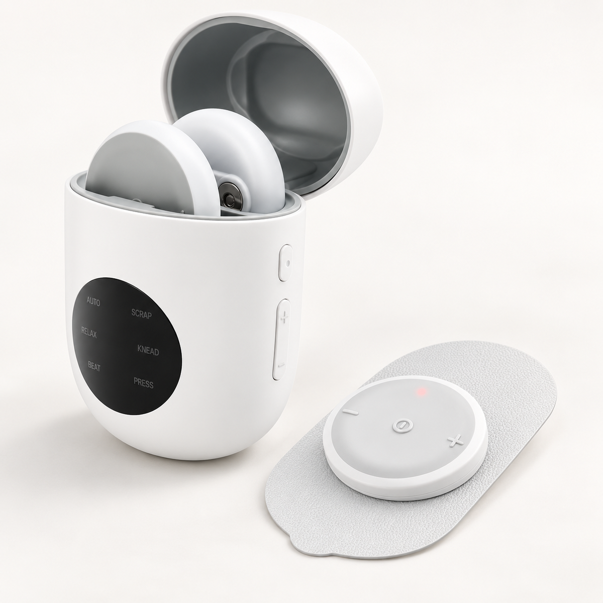 SoloMend charging case open with both wireless pods inside