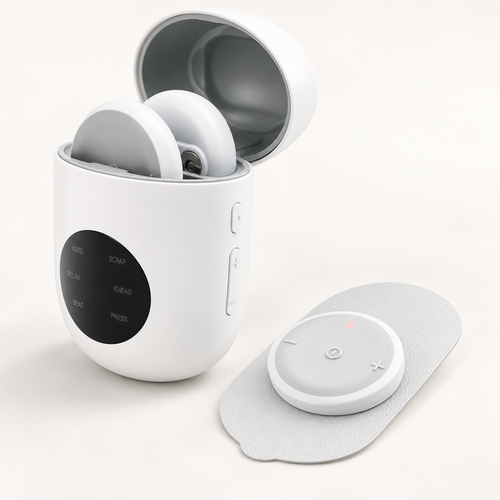 SoloMend charging case open with both wireless pods inside