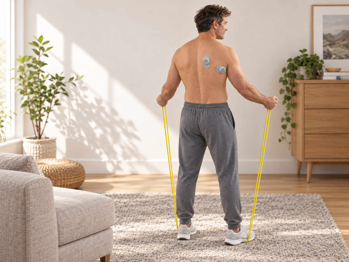A resistance band shoulder exercise with the SoloMend pods in place