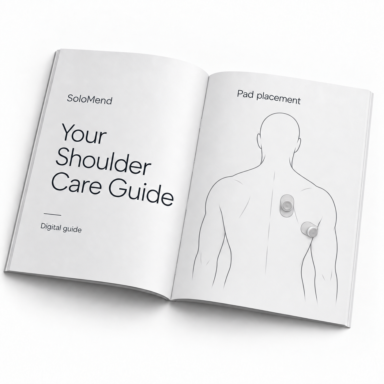 The SoloMend Shoulder Care Guide open at the pad placement diagram