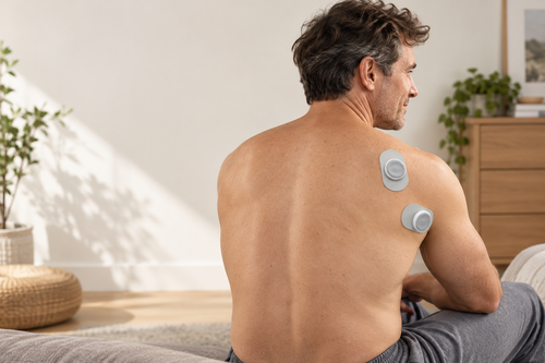 Two SoloMend wireless pods worn on the shoulder and upper back